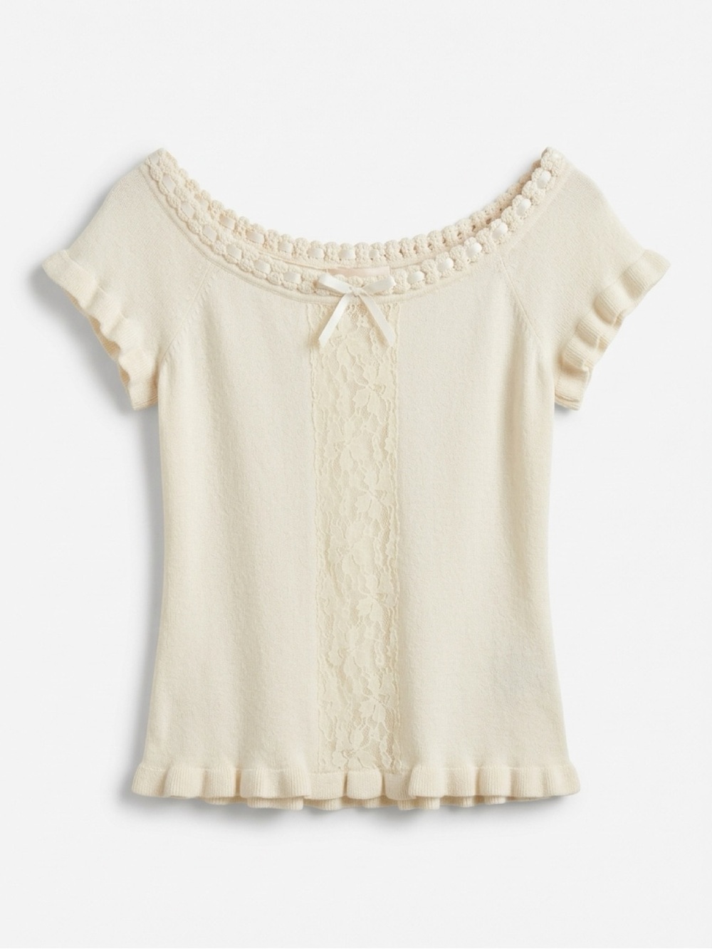 Vintage CAbi Women Ivory Lace Boat Neck Ruffle Knit Top Ribbon Bow Coquette Y2K
